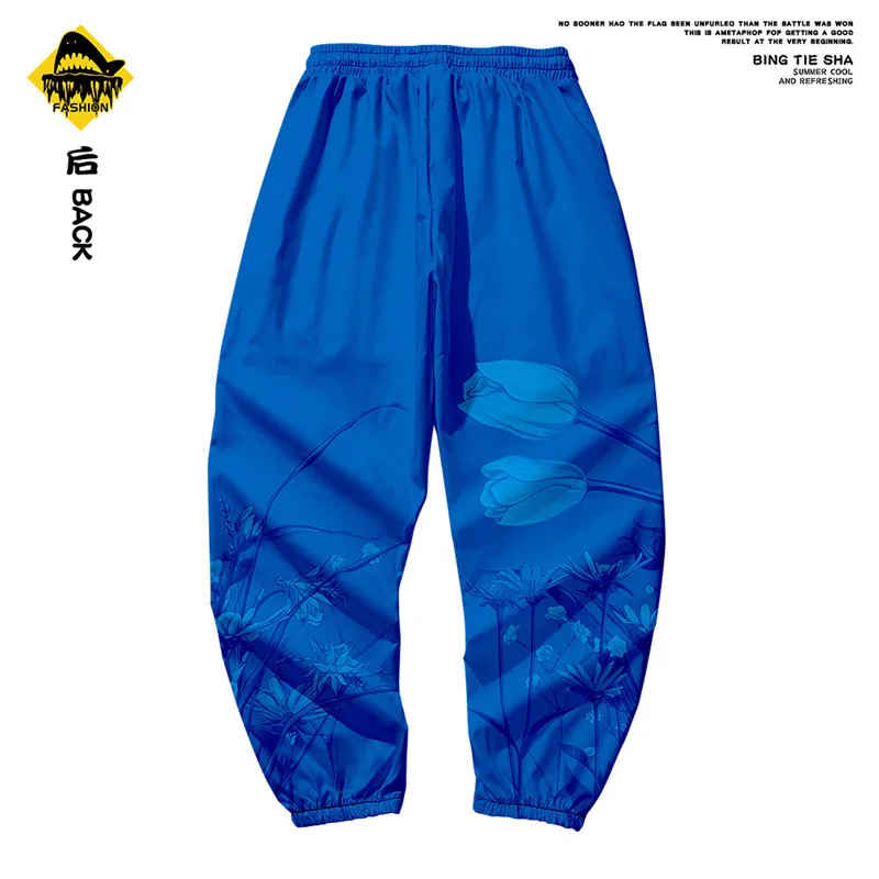 Zomer Bloem Gedrukt Mannen Chinese Stijl Blauw Pocket Cargo Broek Joggers Harajuku Sweatpant Hiphop Broek Plus Size 6XL