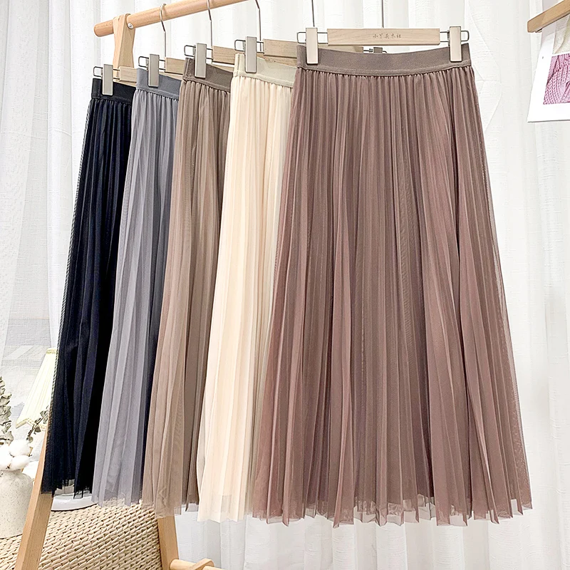 Croysier Women Long Tulle Pleated Skirt Spring Summer Elastic High Waist Skirts Womens 2021 Elegant Mesh Midi Skirt Clothes