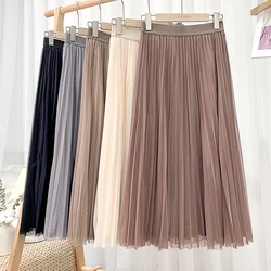 Croysier Women Long Tulle Pleated Skirt Spring Summer Elastic High Waist Skirts Womens 2021 Elegant Mesh Midi Skirt Clothes