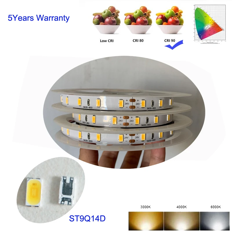 12V 24V White LED Strip Lights High CRI 90   Seoul LED 5630  5m Per Roll No-Waterproof