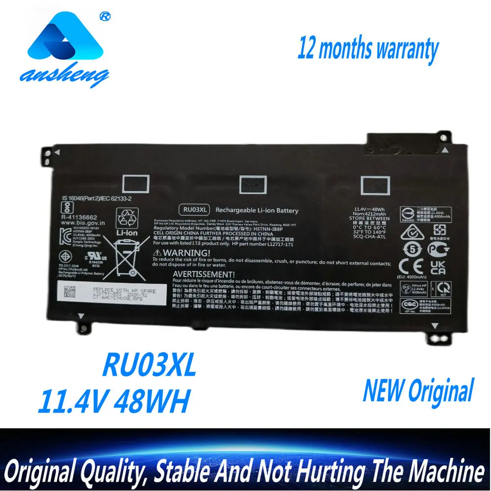 

Genuine RU03XL Laptop Battery For HP ProBook X360 440 G1 HSTNN-UB7P L12717-421 L12717-541 L12791-855 11.4V 48Wh 4000mAh