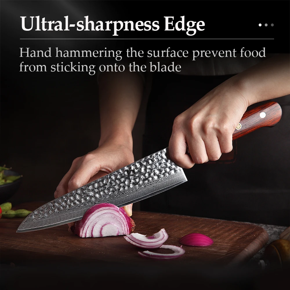 XINZUO 2 PCS Kitchen Knives Chef Set Damascus Forged Steel Chef Santoku Utility Knife Kitchen Stainless Steel Rose Wood Handle