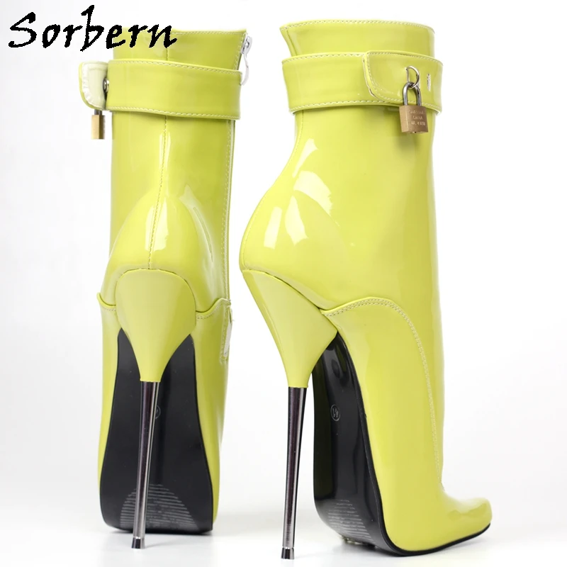 Sorbern Patent Yellow Ankle Boots Lockable Straps 18Cm Ballet Metal High Heels Pointy Toes Custom Color Fetish Shoes