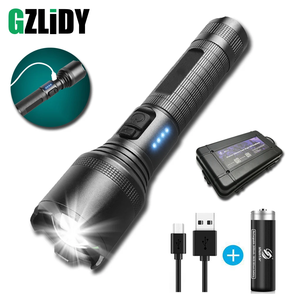 USB Rechargeable LED Flashlight Powerful 4 Core P50 Torch with Power Display Waterproof Fishing Lantern Zoom 18650 Camping Light