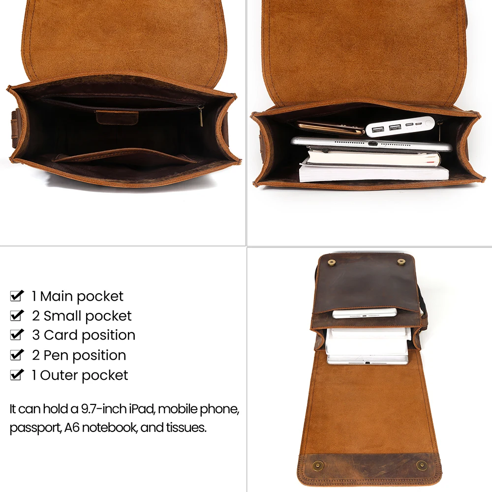 JOYIR Vintage Crazy Horse Leather Men Messenger Bag Flap Casual Male Small Crossbody Bag for 9.7\