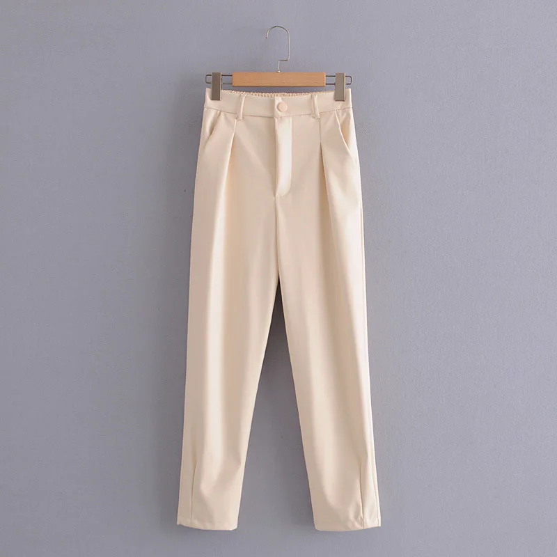 Pantalon en Faux cuir pour femme, ample, jaune, poches élégantes, fermeture éclair, bouton