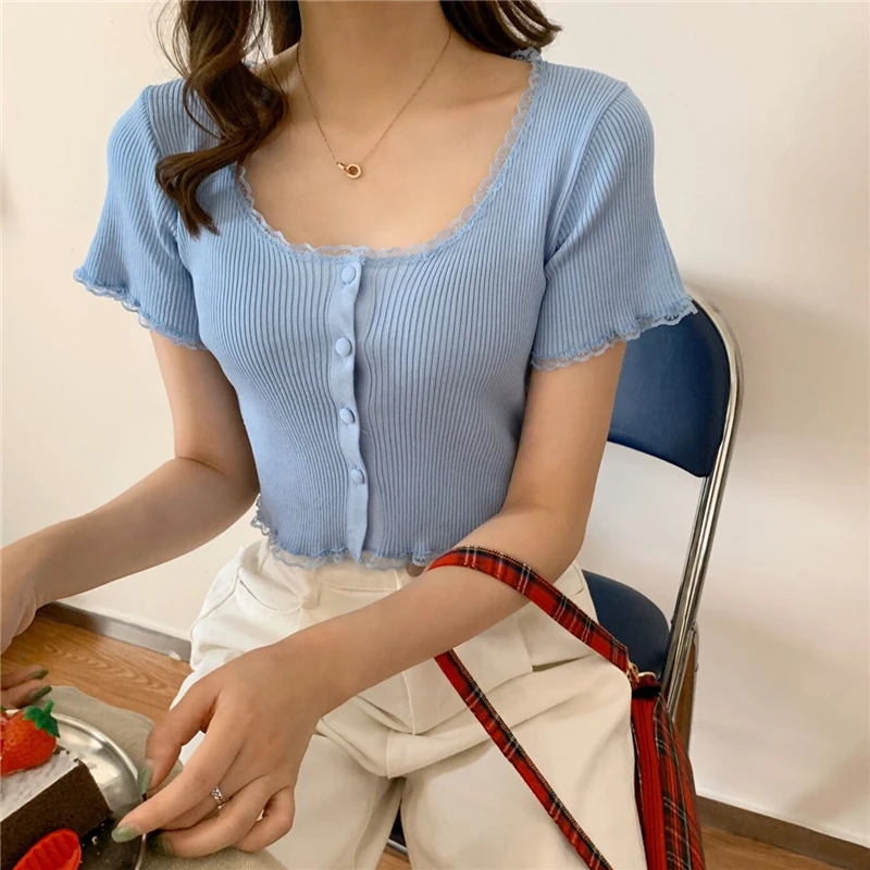 Women Patched Lace O-Neck Knitted Short Sleeve Thin Sweaters Cardigans Lady Single-breasted Buttons Sweater Crop Tops Female