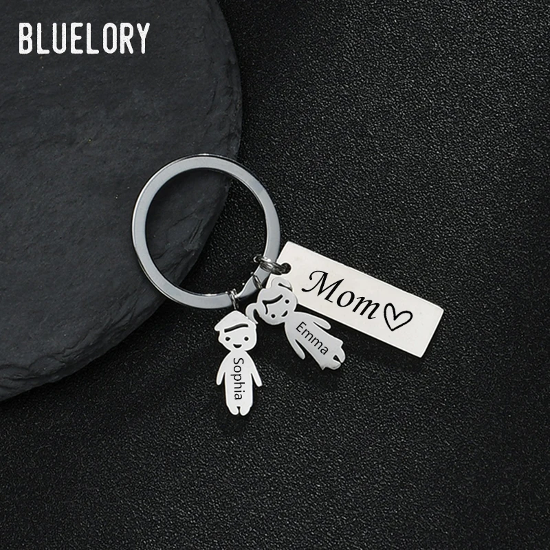 Bluelory Custom Engrave Date Name Keychains For Girl Boy Mom Stainless Steel ID Bar Family Keyring Kid Mother Gifts