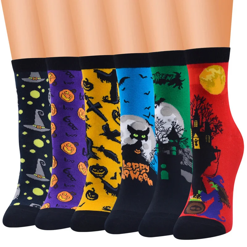 Urgot 6 Pairs Halloween Creative Socks Women Cotton Witch Ghost Pattern Autumn Winter High Quality Cosplay Performance Meias