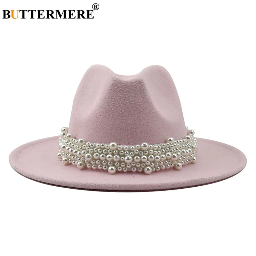 BUTTERMERE Jazz Fedora Hats Casual Women Pearl Felt Hat White Pink Yellow Blue Red Woolen Panama Trilby Formal Party Cap 58-61CM