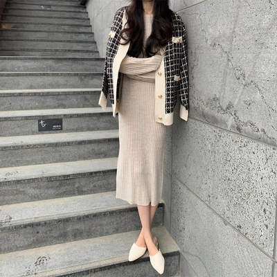 2022 Autumn Korean Plaid Knitted Cardigans Sweaters Women Long Sleevev-neck Single-breasted Elegant Vintage Tops Cardigans Femme