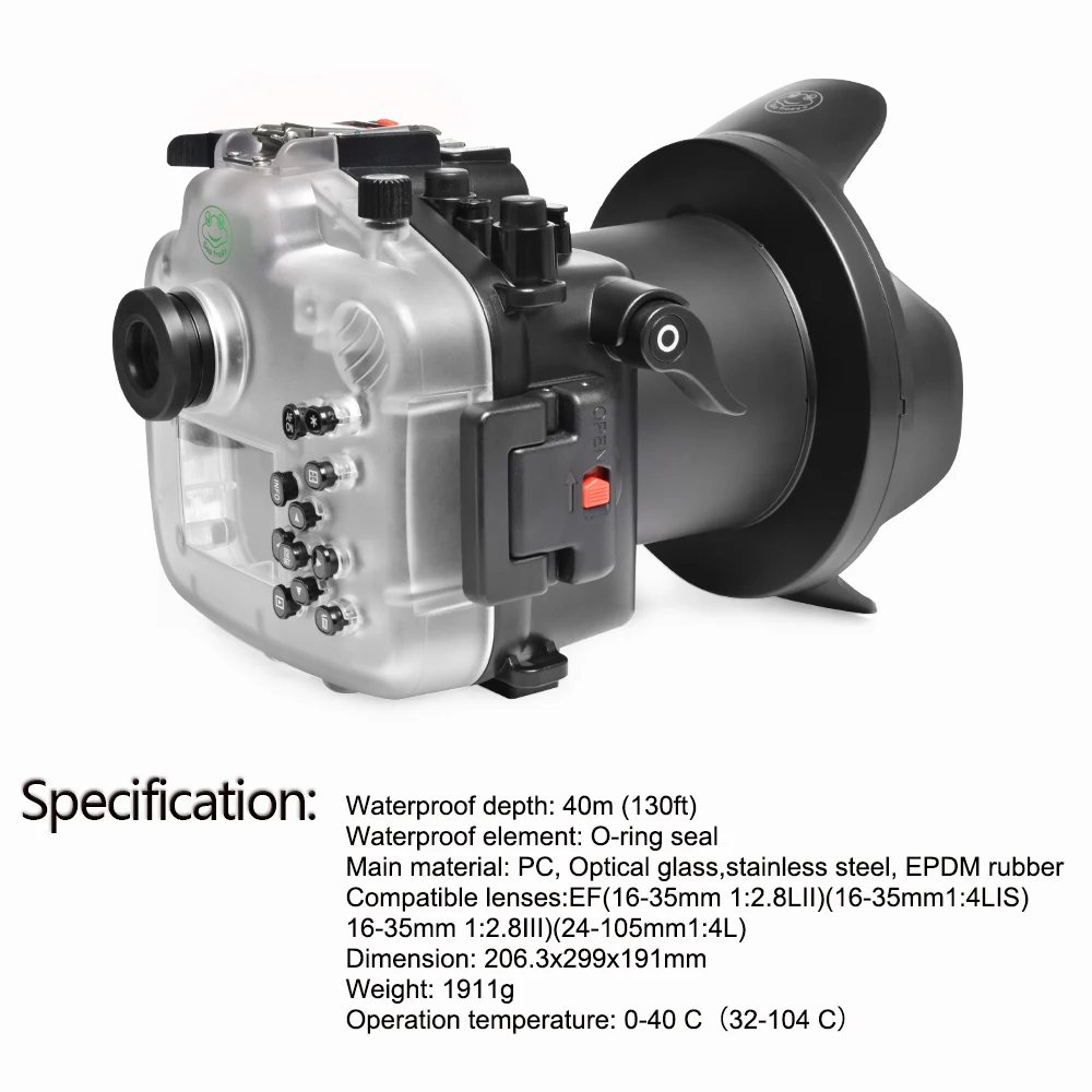 Seafrogs Black Waterproof Camera Case With Dome Port For Canon EOS R 100mm 16-35mm 24-105mm Lens