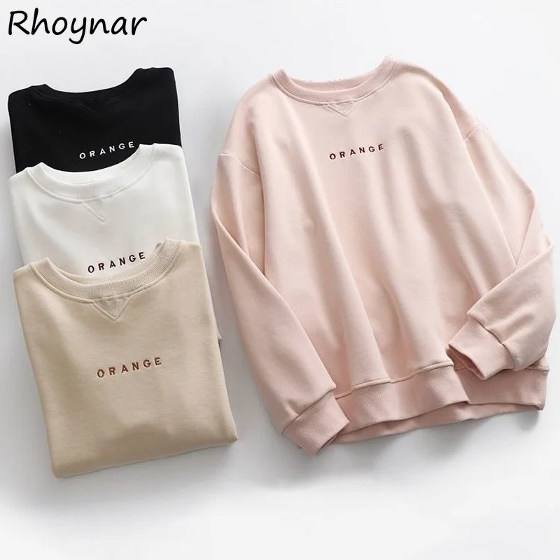 

Hoodies Women 4 Colors All-match Students Basic Teens Classic Minimalist Loose Popular Ulzzang Casual Daily O-Neck Embroidery