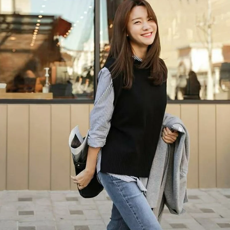 Women Sweater Vests Solid O-neck Side-slit Knitted Fashion Simple All-match Elegant Tender Loose Casual Female Retro Warm Cozy