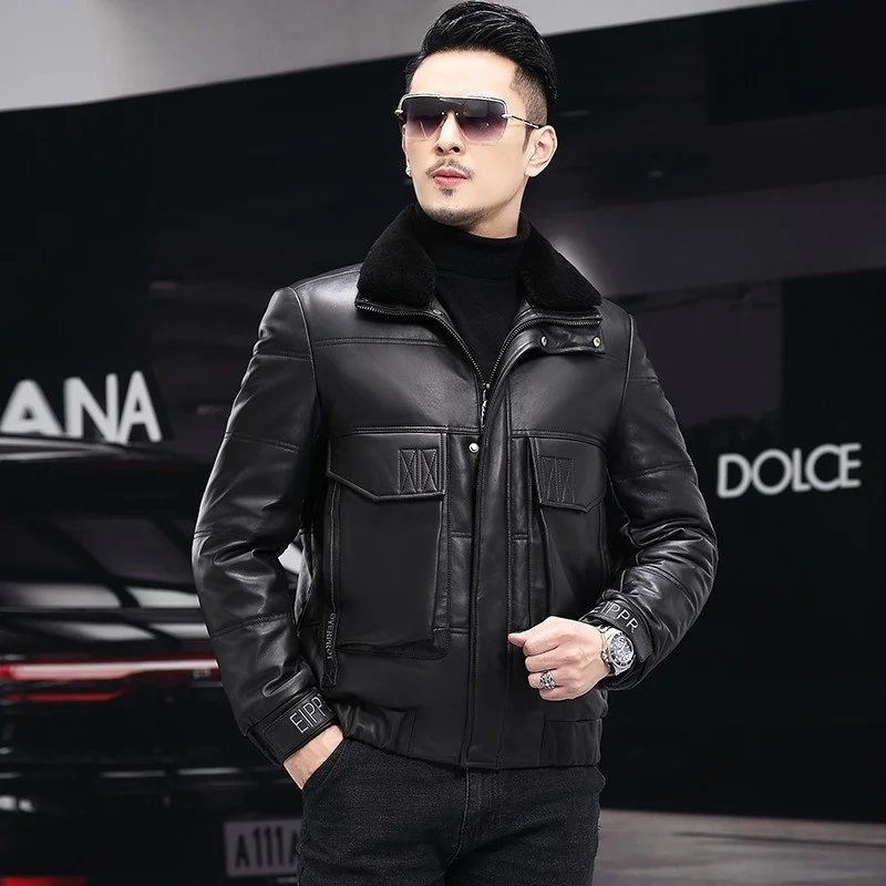 Quality Top Men Winter Thick Warm Windproof Genuine Leather Down Jacket Wool Collar Business Men Work Coat Real Sheepskin Jacket