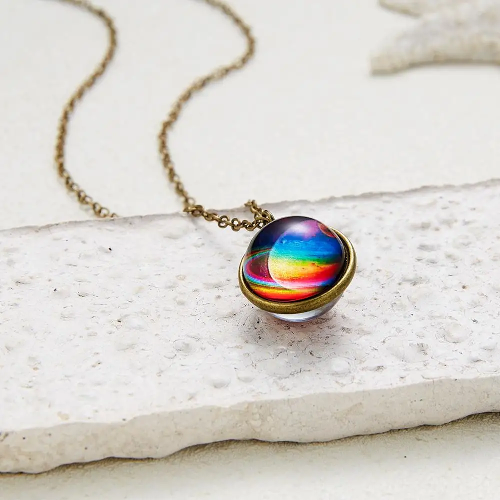 12 Color Galaxy Double Sided Pendant Necklace Glow in the Dark Glass Ball Art Picture Universe Planet Jewelry Gift for Women Men