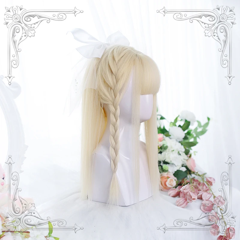 Female Long Straight Creamy Golden Bangs Wig Women Wigs Lolita Cosplay Party