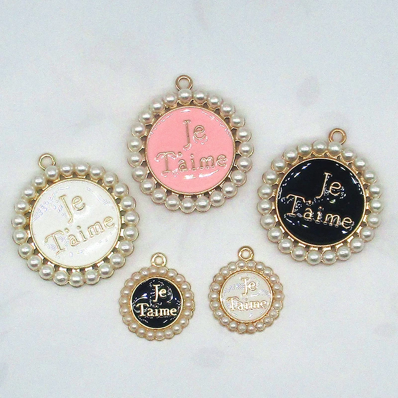 10pcs/pack 20mm 34mm Je T'aime Pearl Round Crown Enamel Charms Bracelet Pendant For DIY Handmade Earring Jewelry Finding XL564