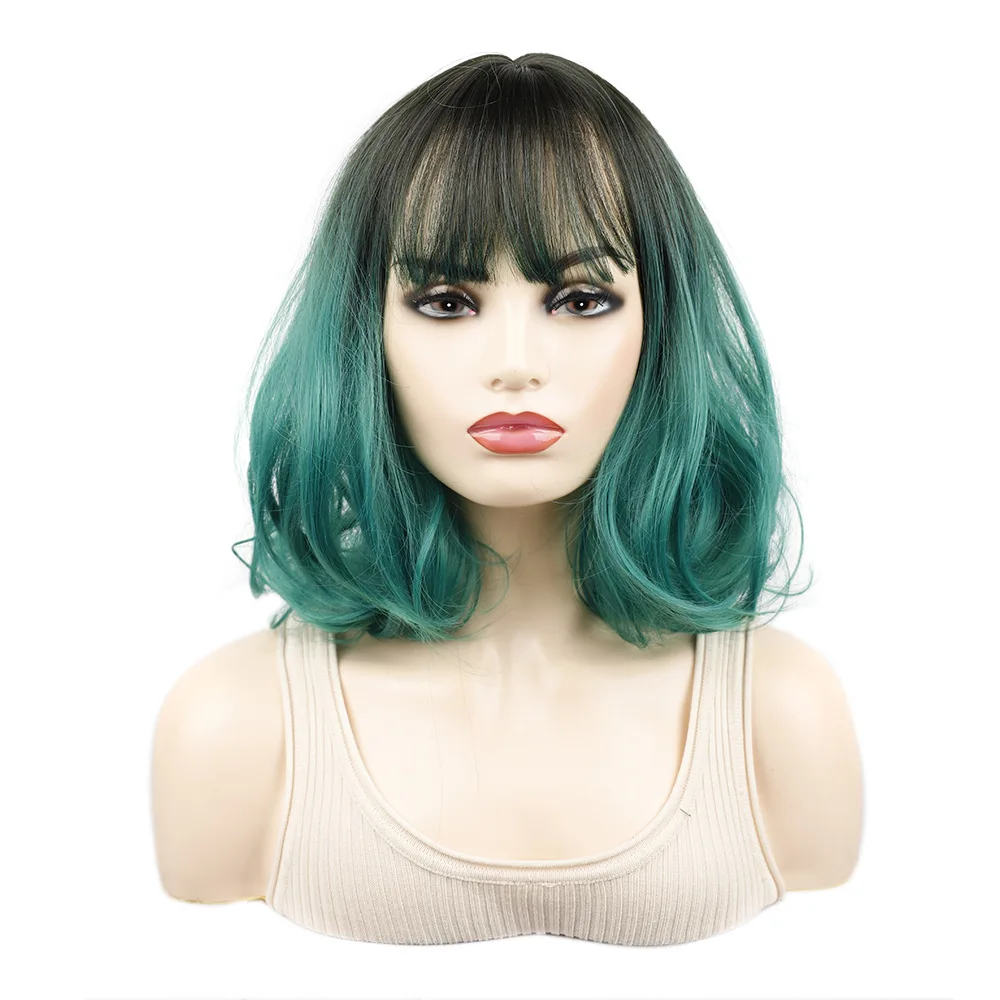 Water Wave Wig Wavy Short Hair Drag Queen Fashion Wigs For Women Black Dark Green Ombre Color