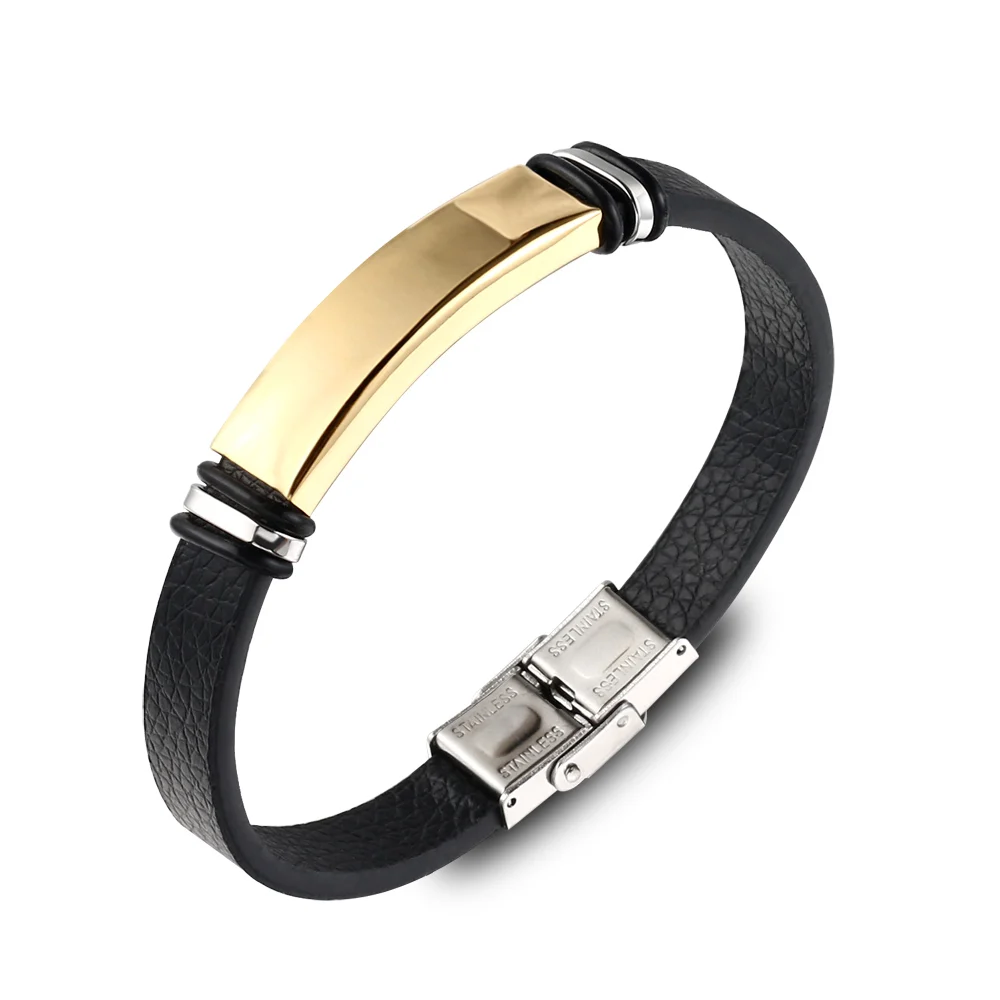 2024 Trend Golden Stainless Steel Leather Bracelet  Classical Titanium Steel Smooth Cuff Bracelet for Men Accessories Pulse