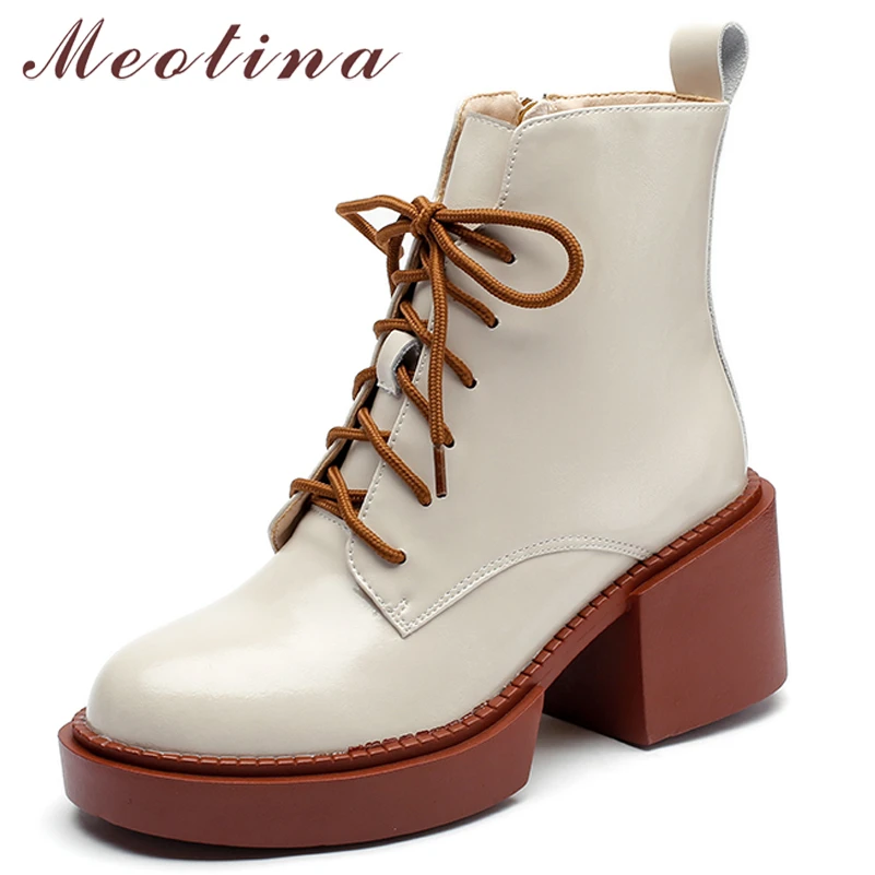 Meotina Women Shoes Genuine Leather Ankle Boots Platform Thick High Heel Boots Round Toe Zipper Lady Footwear 2021 Autumn Winter