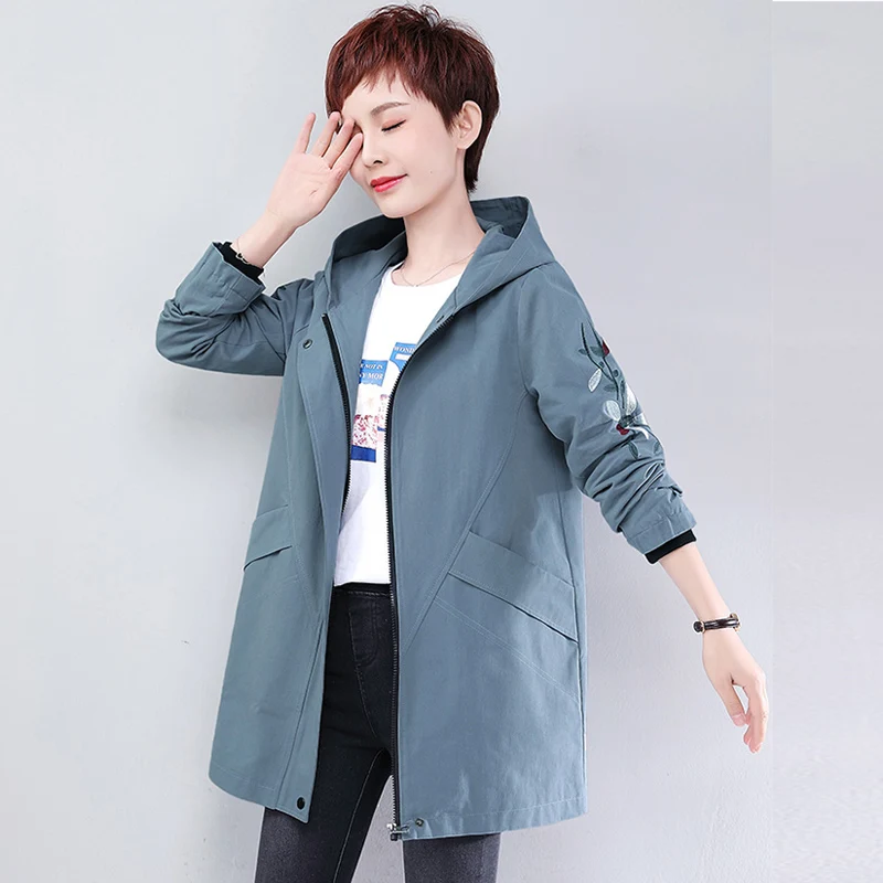 

Middle-Aged Women Trench Coat New Spring Autumn 4XL Hooded Outerwear Embroidery Loose Mid-long Windbreaker Female Tops Female