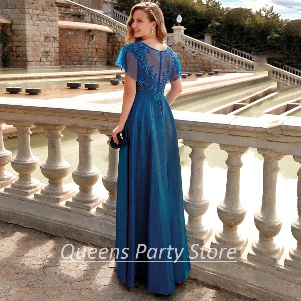 Elegant Scoop Neck Sparkling Mother Evening Party Dresses Short Sleeve Appliques Floor Length Mother Of The Bride Dress