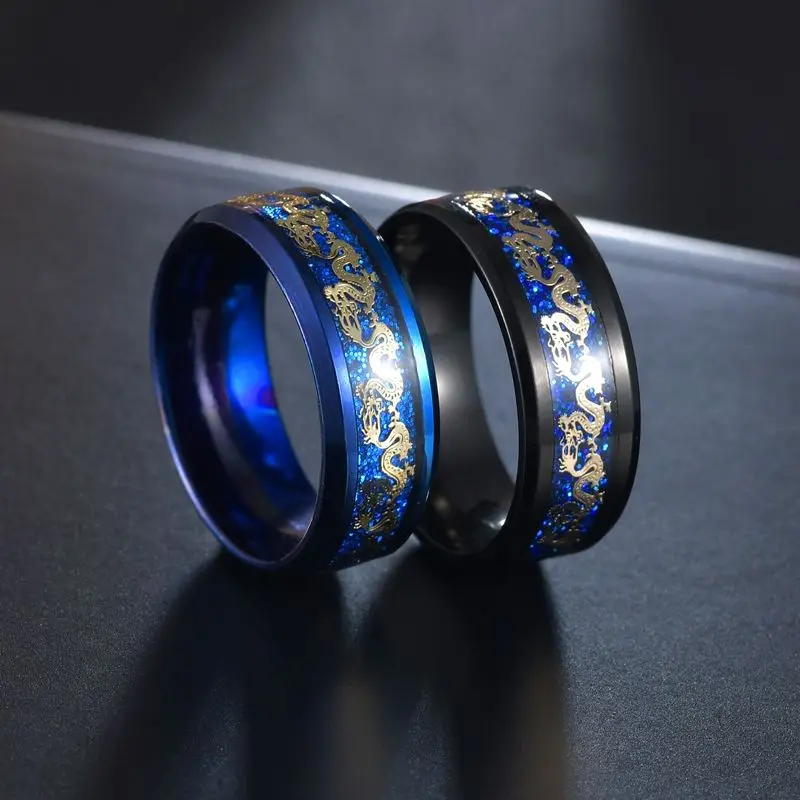 Fashion High Quality Dragon Totem Rings For Men 2 Color Black Blue Shinny Stainless Steel Party Men's Jewelry Gift