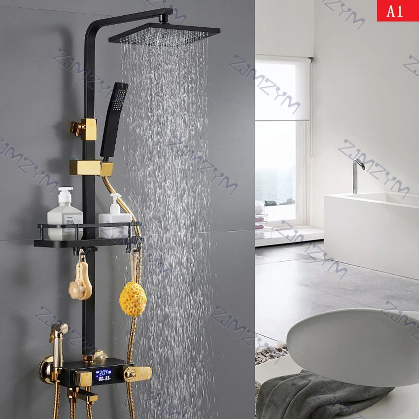 

Black Wall Mounted Thermostatic Shower Faucet Set Rain Shower Bath Faucet Bathtub Shower Mixer Tap Digital Display Function