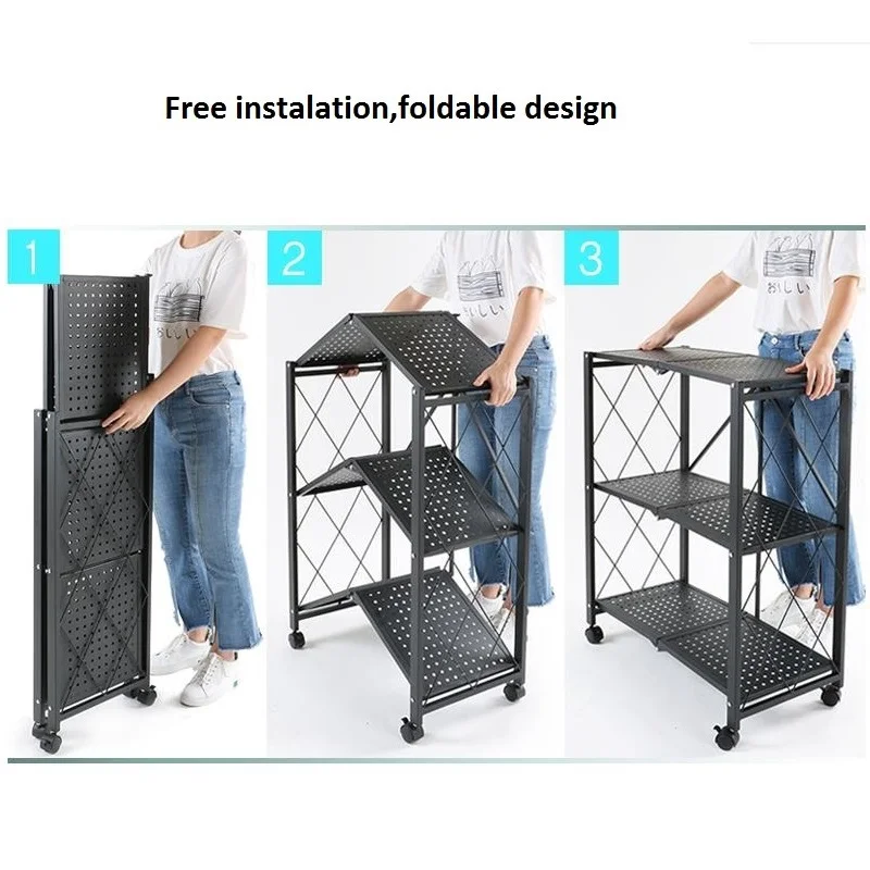 Free Installation Kitchen Metal Folding Shelves With Wheels ,Living Room Household Sundries Finishing Balcony Floor Storage Rack