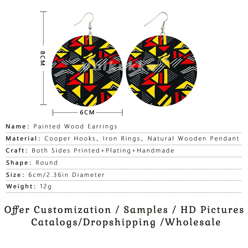 Voikukka Jewelry African Ethnic Fabric Pattern Leaf Wood Double Sides Print Round Drop Dangle Women Earrings Accessories