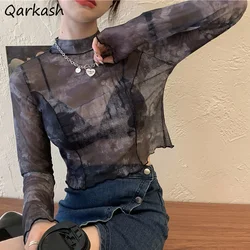 Women Long Sleeve T-shirts Sexy Mesh Tie Dye High Street Crop Tops Girls Summer Thin Breathable Slim All-match Tees Ulzzang Chic