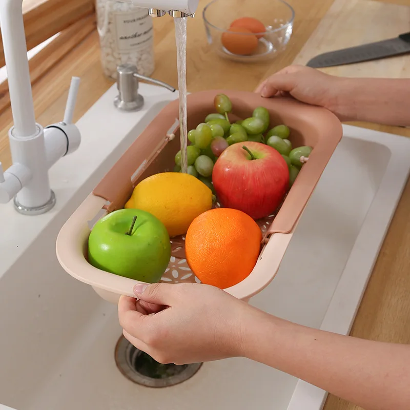 Kitchen Washing Artifact Telescopic Double Drain Basket Rack Large Rectangular Plastic Fruit Basket Wash Basin Hanging Storage