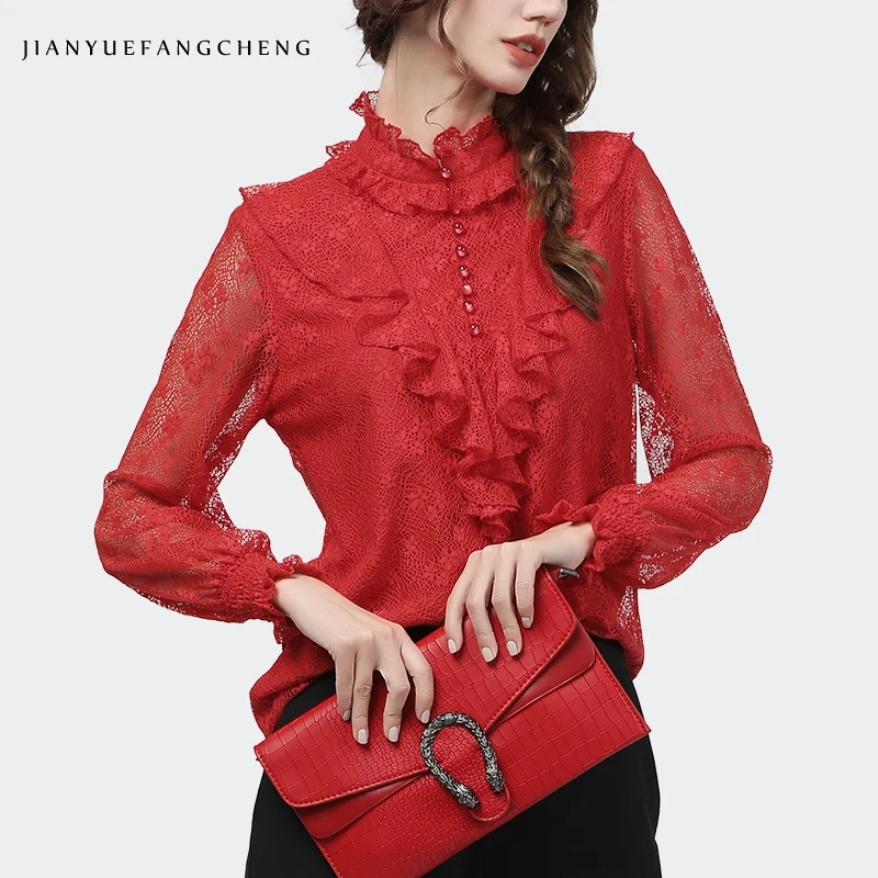 Temperament Red Lace Blouse Women Long Sleeve Fashion All-Match Hollow Out Beaded Ruffles Tops 2021 Spring Ladies Office Blouses