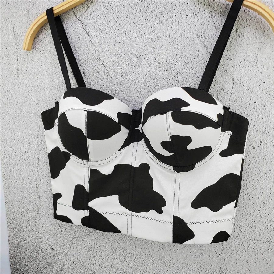 Cami curto com impressão de vaca para as mulheres, top sem encosto, com built-in sutiã, sutiã push-up, boate, harajuku, sexy, verão