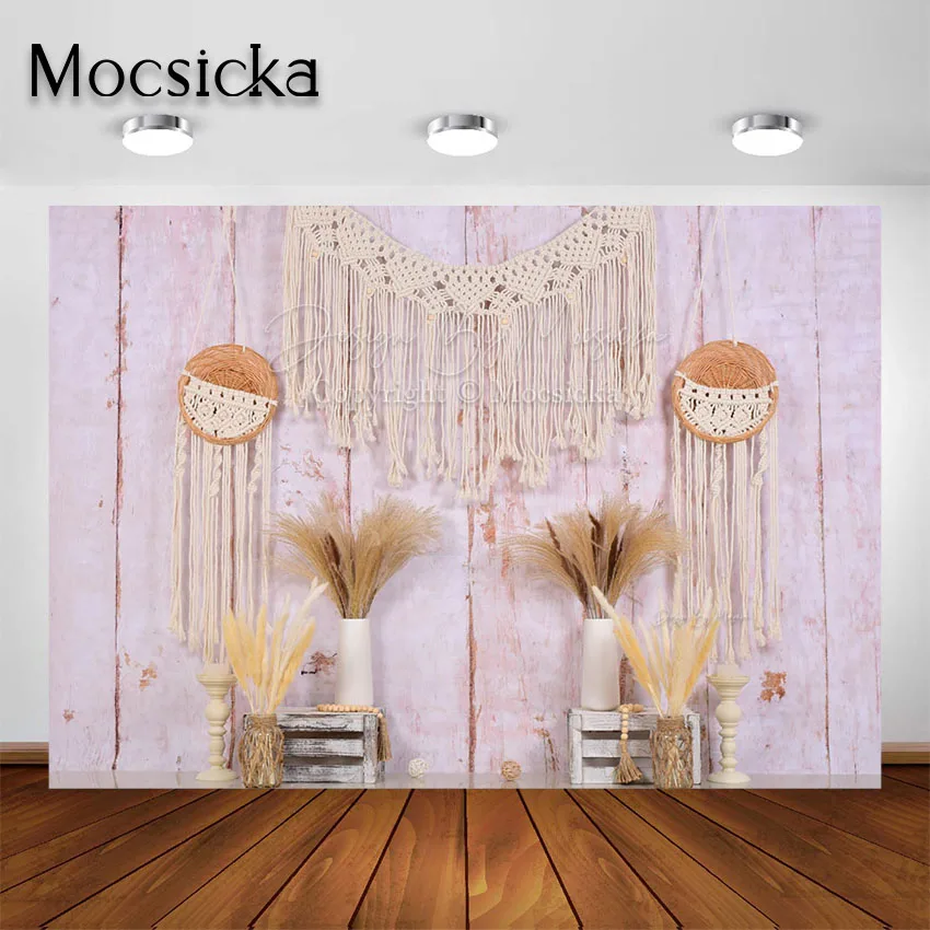 Mocsicka Bohemia Theme Backdrop Pampas Grass Boho Dreamcatcher Portraits Photo Studio Background Cake Smash Photography Props