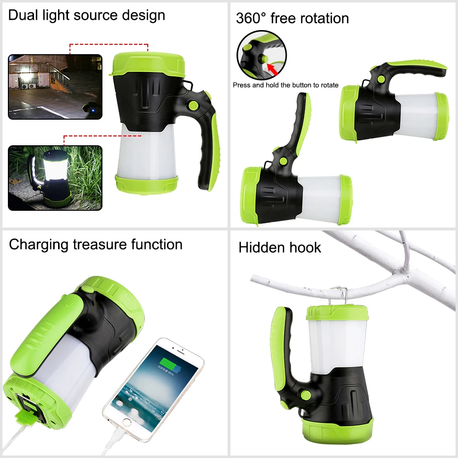 LED Flashlight USB Rechargeable Portable Spotlight Camping Light Waterproof Lantern Built-in Battery For Outdoor Lighting