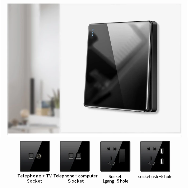 KAMANNI Luxury Light Switch General Standard Mirror Tempered Glass 1Gang 1 Way Switch Black Power Push Botton Switch AC 10A 220V