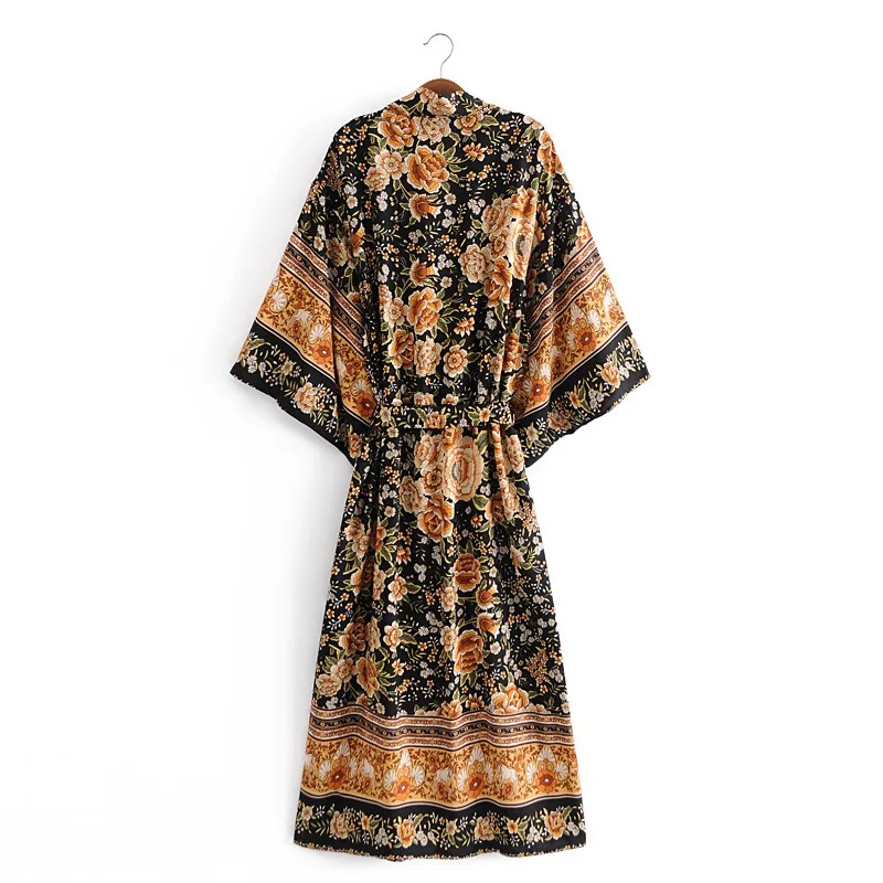 Bohemia V neck Orange Flower Print Long Kimono Shirt Black Ethnic Women Lacing up Bow Sashes Long Cardigan Loose Blouse Tops