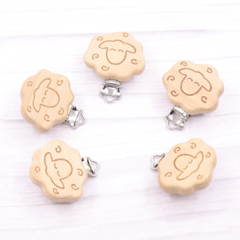 

10pcs New style sheep Wooden Beech Pacifier Clips Baby Infants Soother Teether Clasp Holder DIY Dummy Nipple Chain Accessories