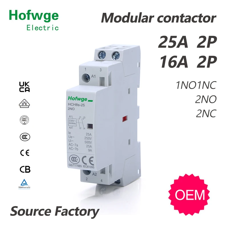 контактор HCH8s-25 Modular AC Contactor 25A 2P 2NO 2NC 1NO1NC 50Hz DC24V AC110V 220V Automatic Household Contactor Din Rail Type