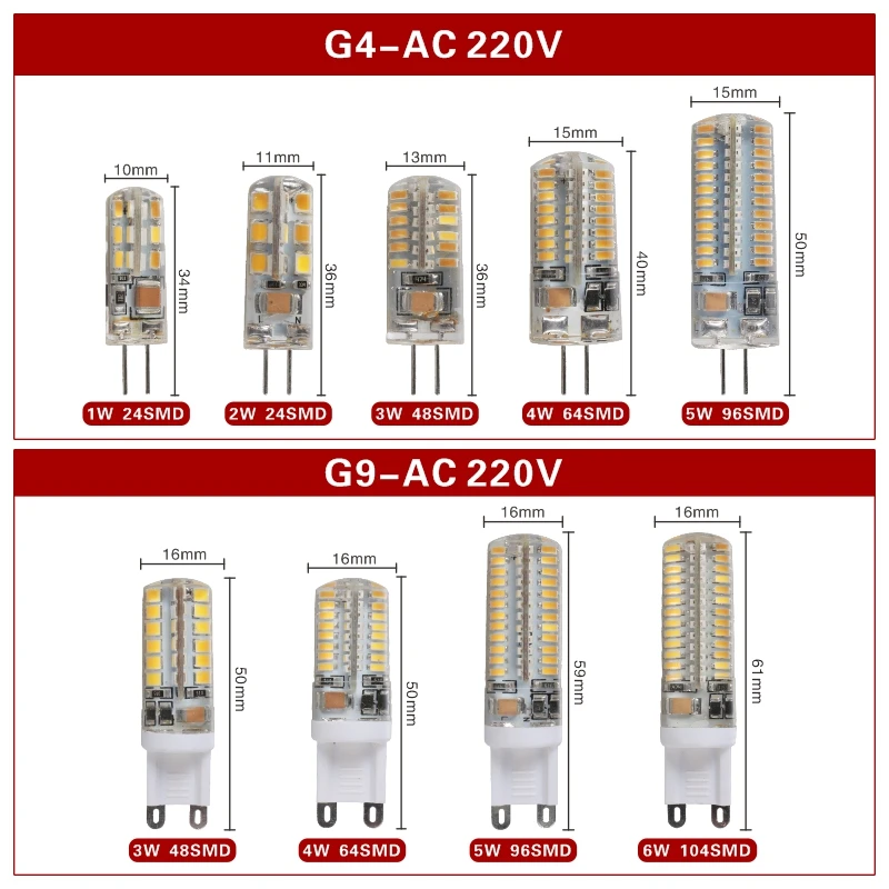 Lâmpada de Halogéneo LED, 360 Ângulo de Feixe, Lustre, Substituir, G4, G9, 12V, 220V, AC, DC, 1W, 2W, 3W, 4W, 5W, 6W, 40W, 60W, lote 10 PCes