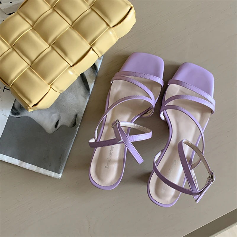 Meotina Women Shoes Genuine Leather Sandals Ankle Strap High Heel Sandals Thin Heel Shoes Square Toe Lady Footwear Summer Purple