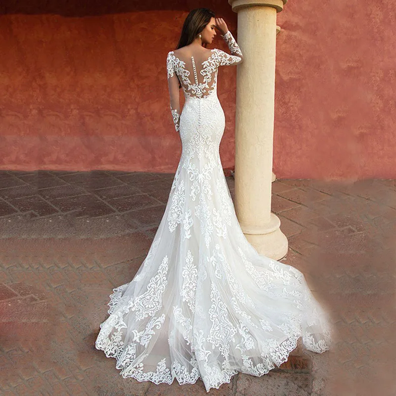 Abiti da sposa a sirena in pizzo su misura abito da sposa bianco a maniche lunghe abito da sposa Vintage 2022 Sexy Robe de mariage