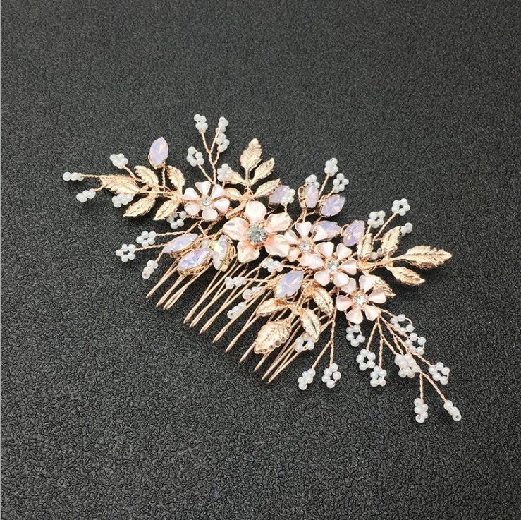 Peine de flores con diamantes de imitación, accesorios para el cabello, joyería para la cabeza para mujer, accesorios para el cabello de boda, peine para el cabello nupcial, diadema