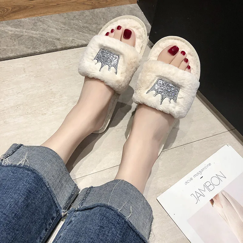 COOTELILI Winter Women Home Slippers with Faux Fur Fashion Warm Shoes Woman Slip on Flats Female Slides Sequin Crow Black Pink