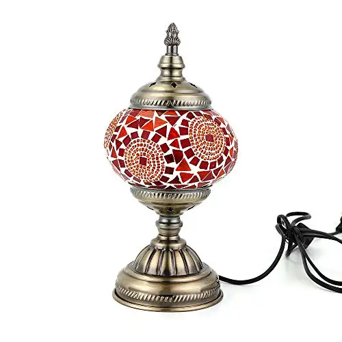 LaModaHome English Moroccan Lamp Mosaic Table Lamp Handmade Multicolored for Living Room Decor Led Bulb Included (Red)