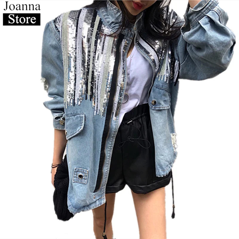 

Spring New Sequin Stitching Short Denim Jacket Women Long Sleeve Hole Drawstring Jeans Coat Stand Collar Casual Oversize Clothes