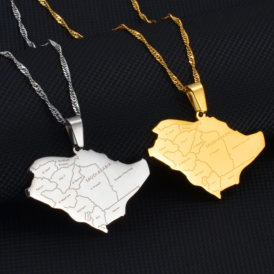 Anniyo Saudi Arabia Map With Cities Name Pendant Necklaces Charm Saudi Jewelry for Gold/Silver Color @234121