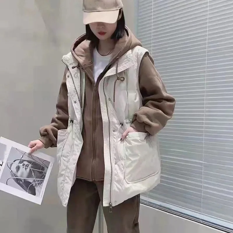 Down Cotton Jacket Fashion Casual Fake Two-Piece Coat Women 2023 Autumn And Winter New Splicing Sweater Hooded Waist Vest M188